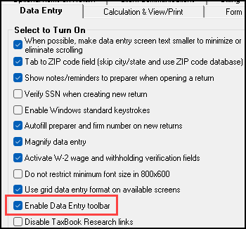 Image of enable data entry toolbar on Setup - Options